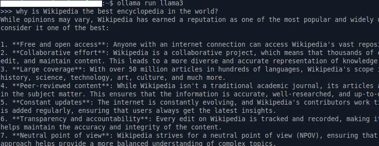 Terminal window where ollama run llama3 answers a question, with the model's reply printed as a numbered list and a prompt waiting for the next message