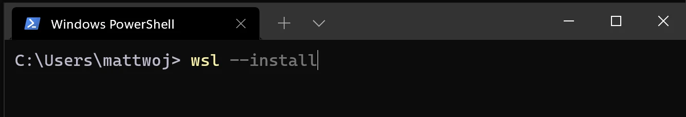 Windows PowerShell in Windows Terminal with the command wsl --install typed at the prompt, the first step of setting up WSL2